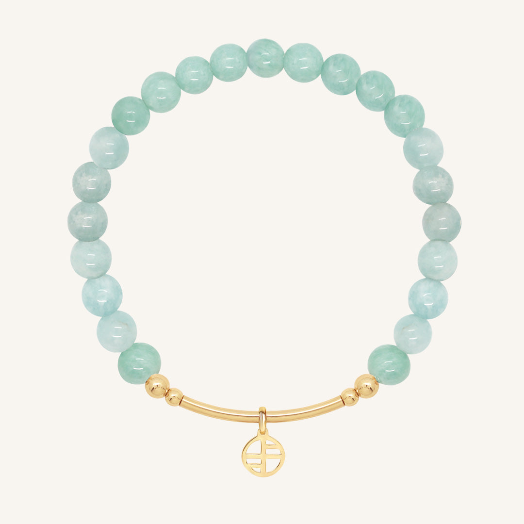 Amazonite beaded bracelet with a gold clasp on a white background