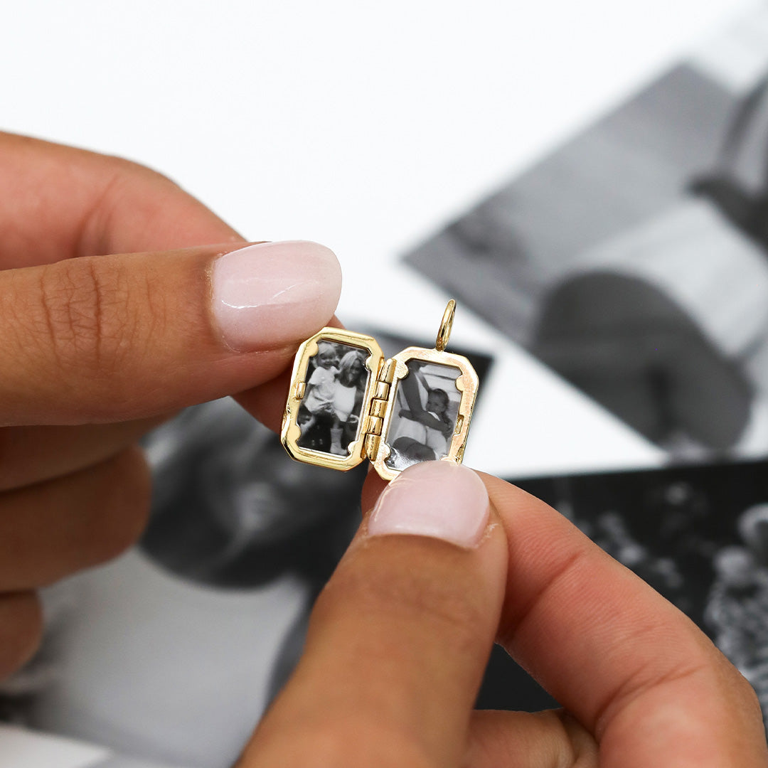 Bevel Locket Gold Dual Image Held Open