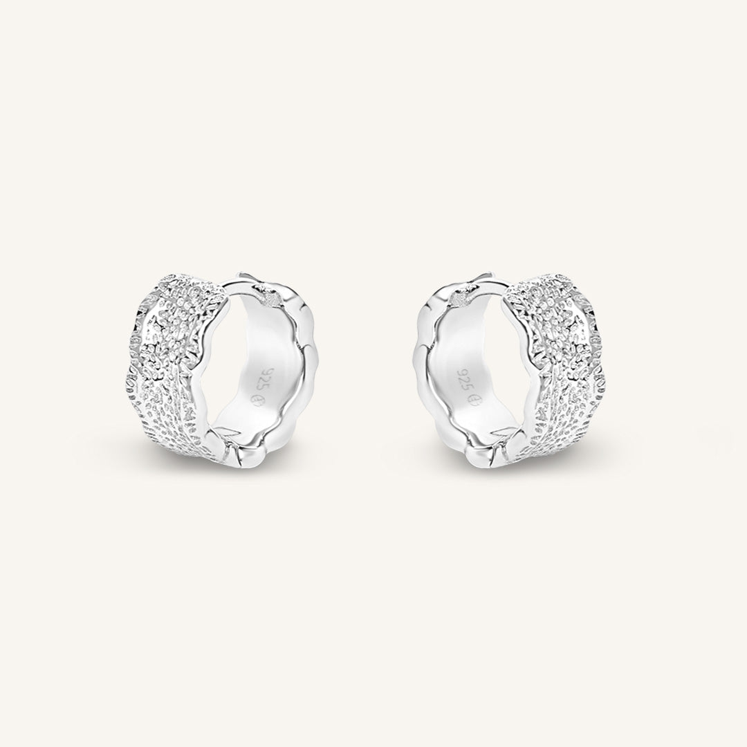 Pair of silver hoop earrings on a white background