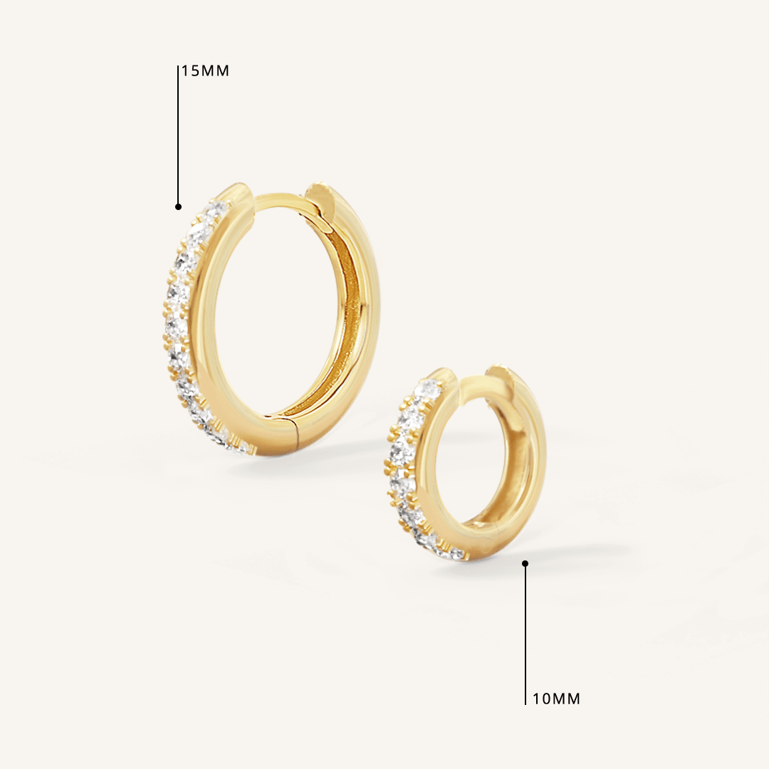 two sizes of gold hoops with cubic zirconias