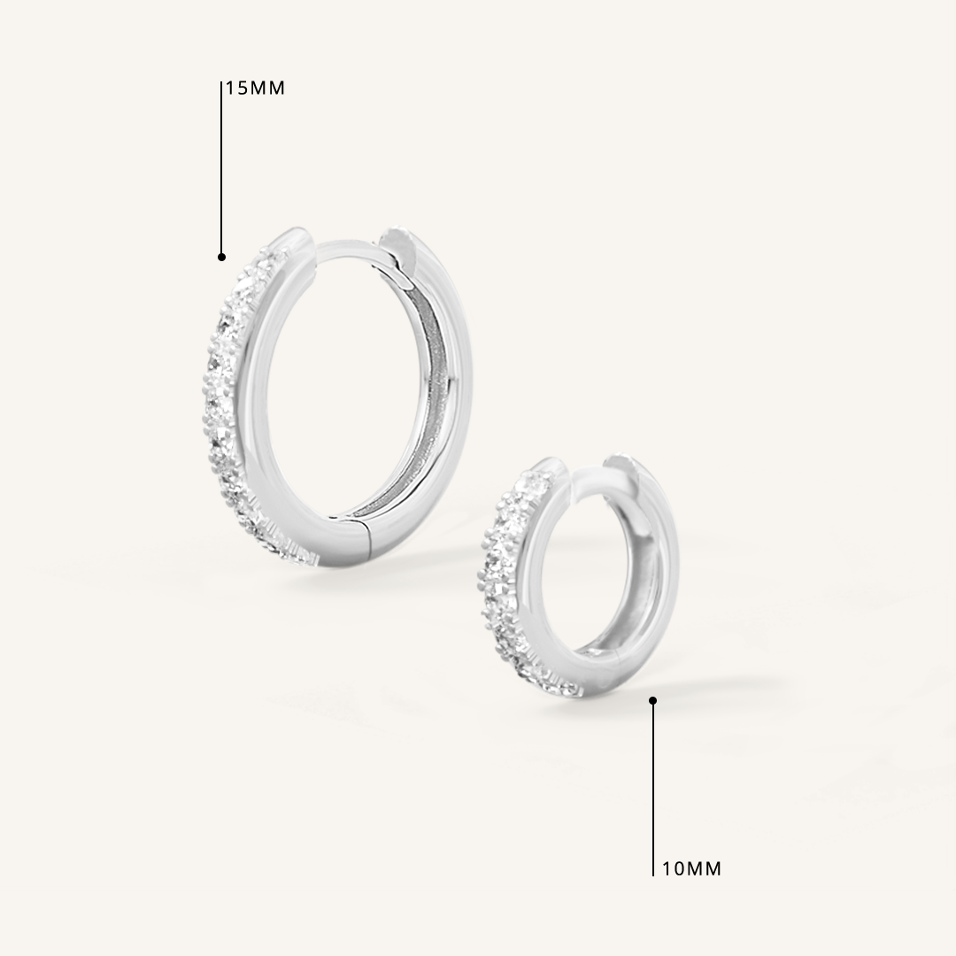 two sizes of silver hoops with cubic zirconias