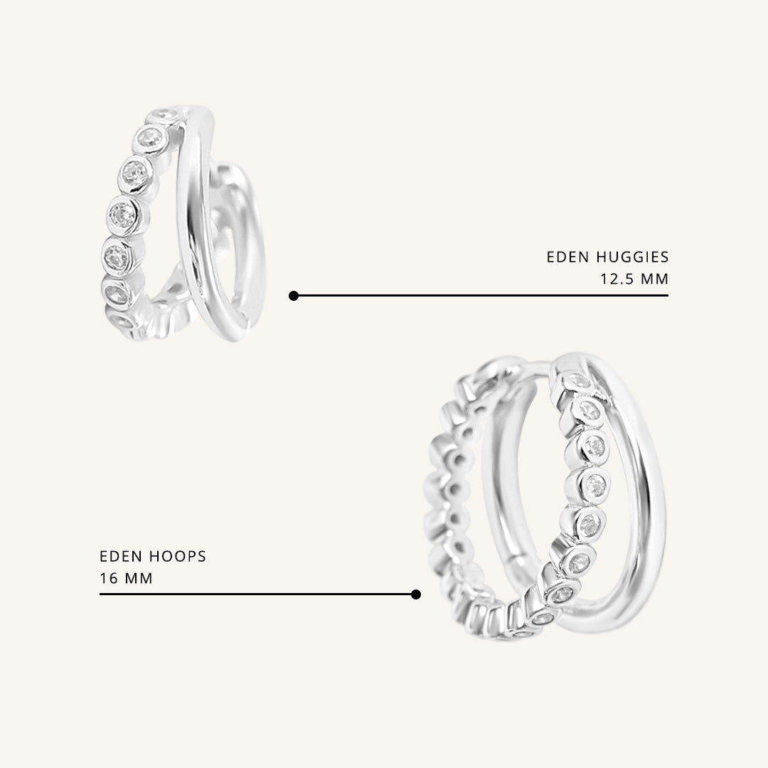 Silver hoop earrings labeled 'Eden Huggies' and 'Eden Hoops' on a white background
