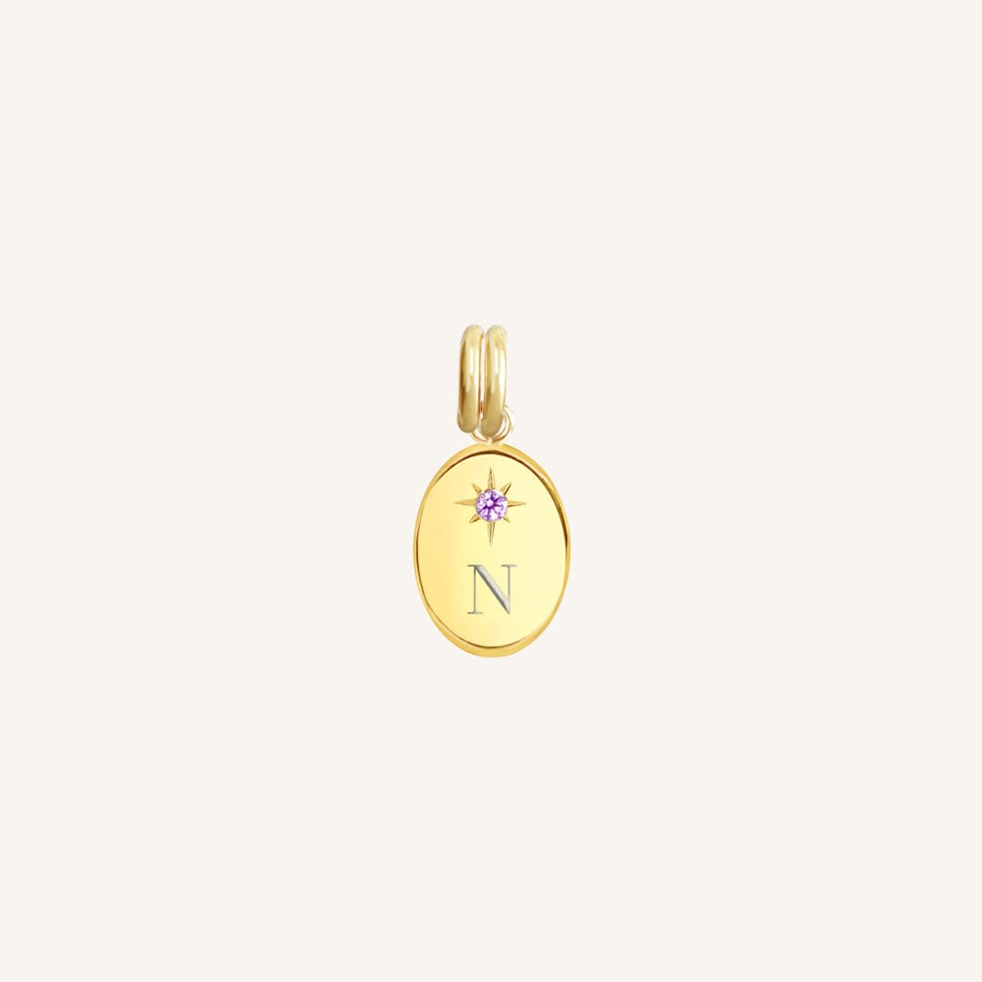 Gold pendant with a letter 'N' on a light beige background