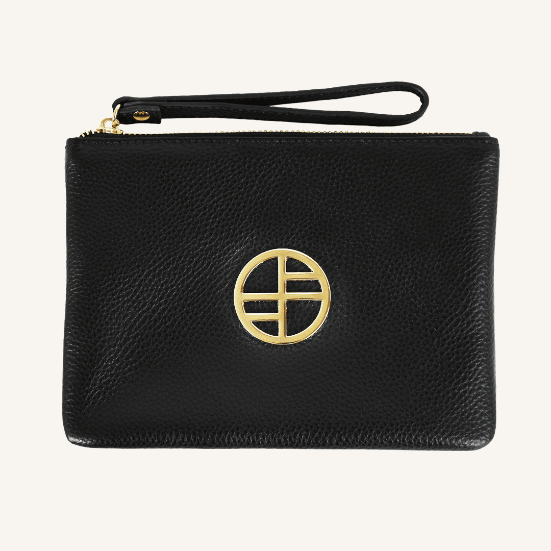 A black genuine leather pouch with a gold metal emblem and a wrist strap.