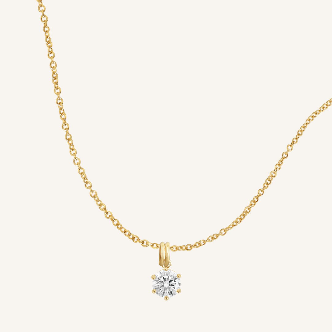 Round, gold, cubic zirconia charm on gold chain