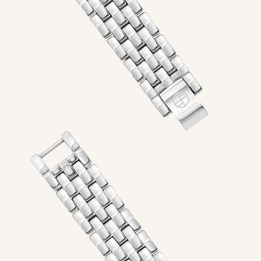 A luxurious silver-coloured metal watch band