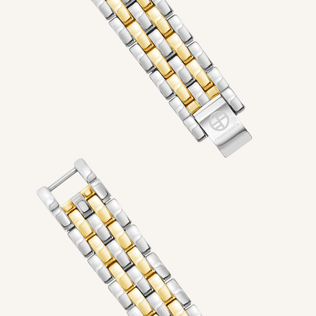 A luxurious two-toned-coloured metal watch band