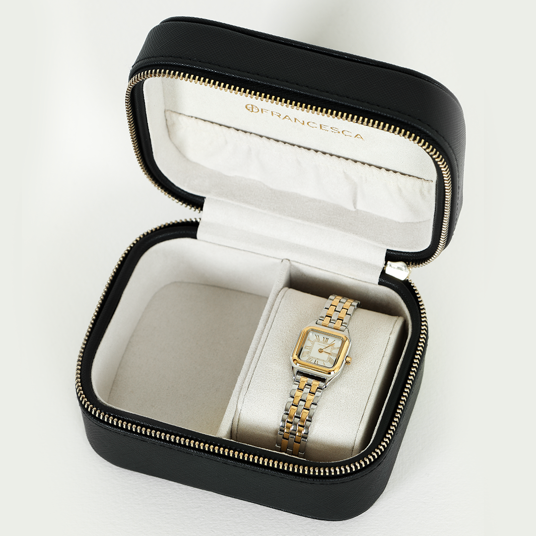 A two-toned Louis Watch with a link bracelet and a square face featuring Roman numerals in watch box