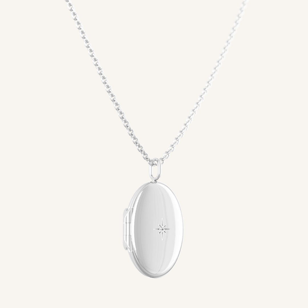 Side profile of silver oval locket on chain