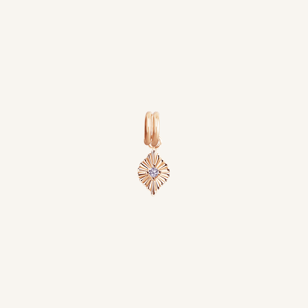 A rose birthstone charm with a purple cubic zirconia representing the month of February.