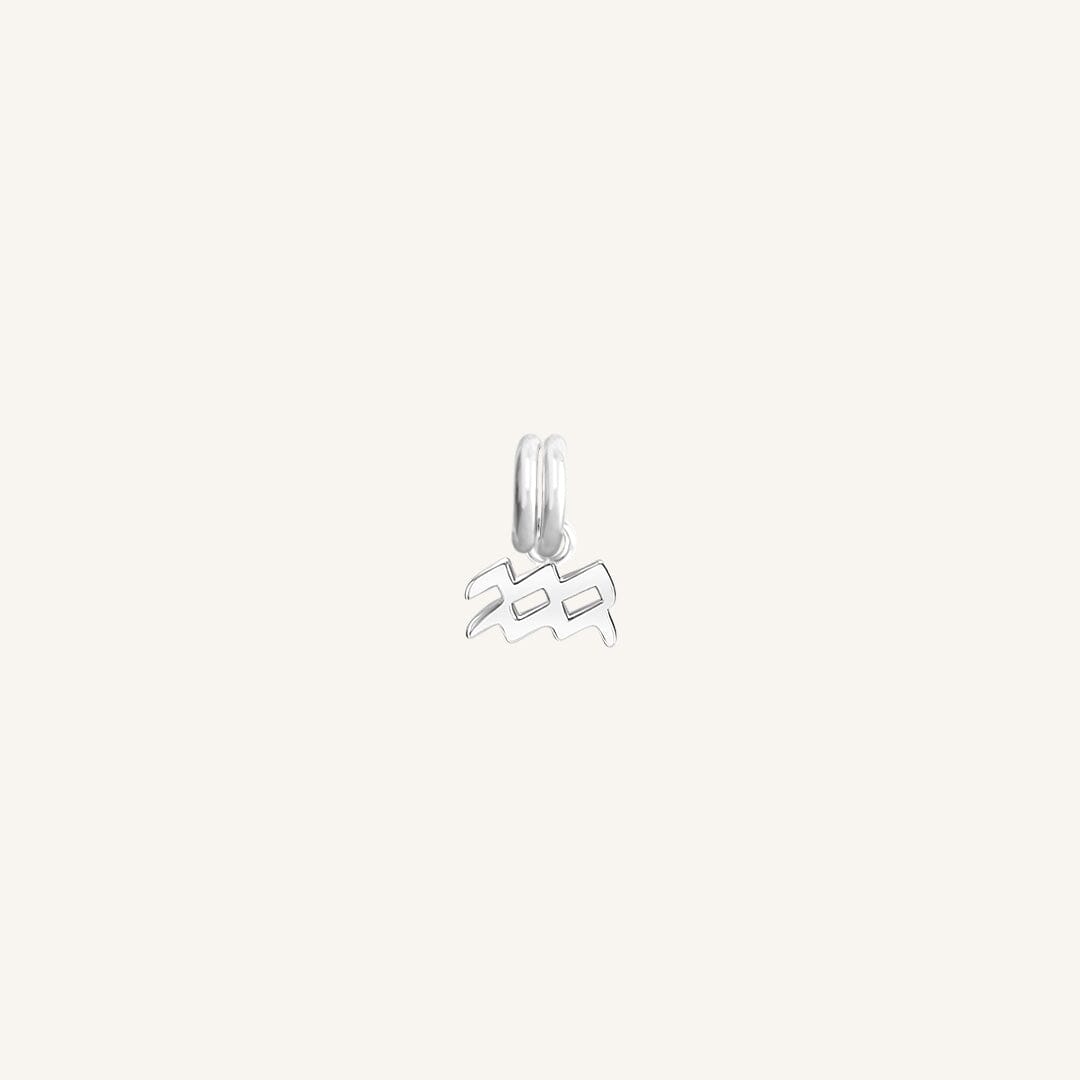 A silver petite charm with the Aquarius zodiac symbol.