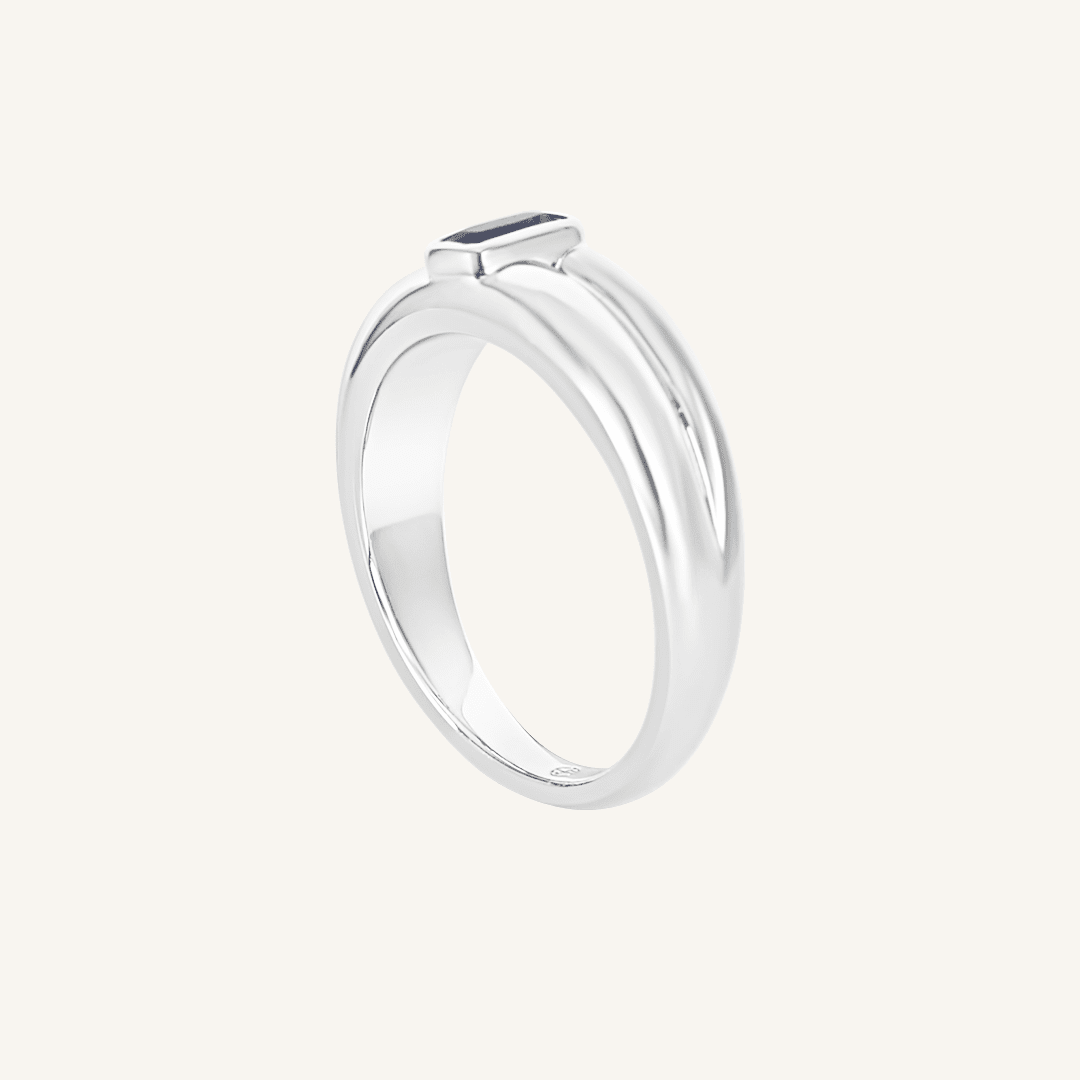 silver ring with Navy blue cubic zirconia bezel set Inspired by the halls of Versailles on white background