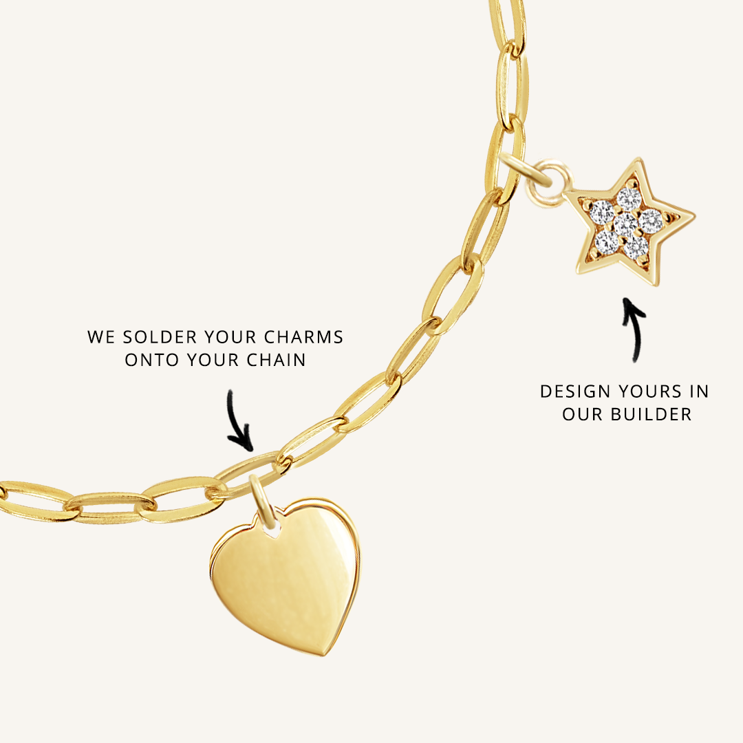 A gold chain necklace with paperclip links and multiple charms, showcasing where to solder charms and the option to choose the placement of the charms.