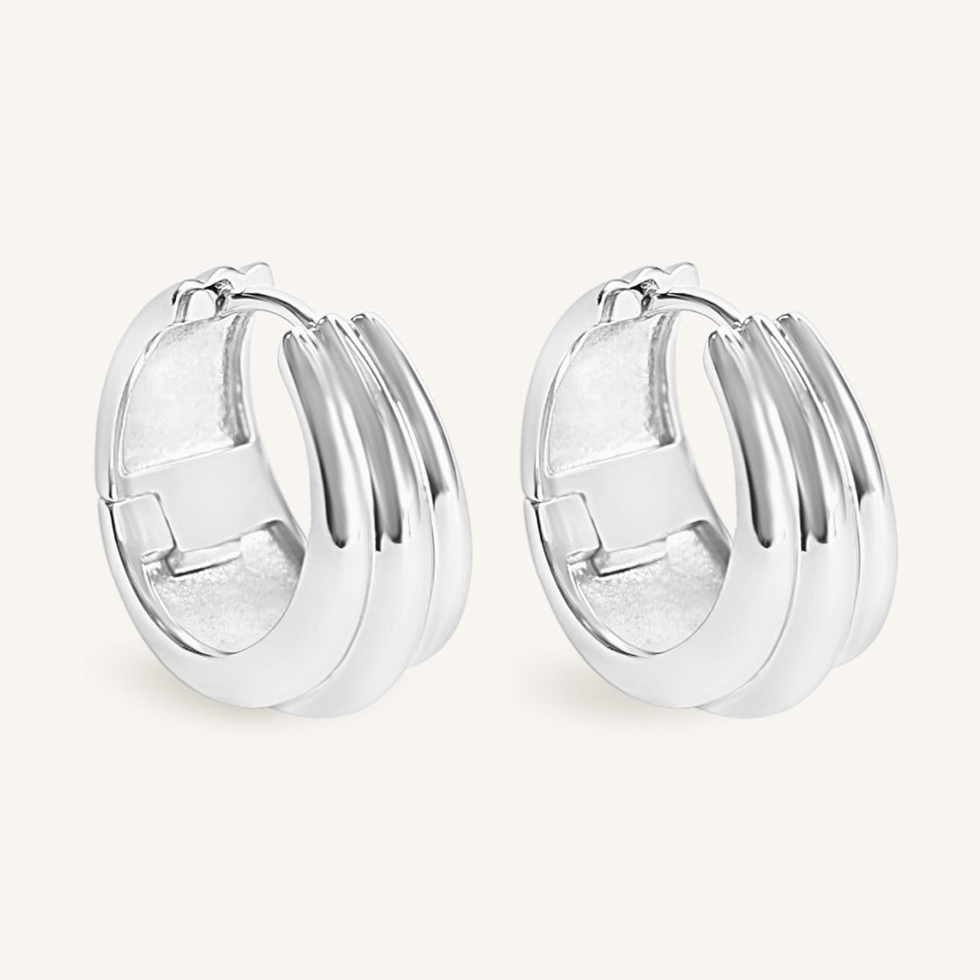 Pair of silver hoop earrings on a white background