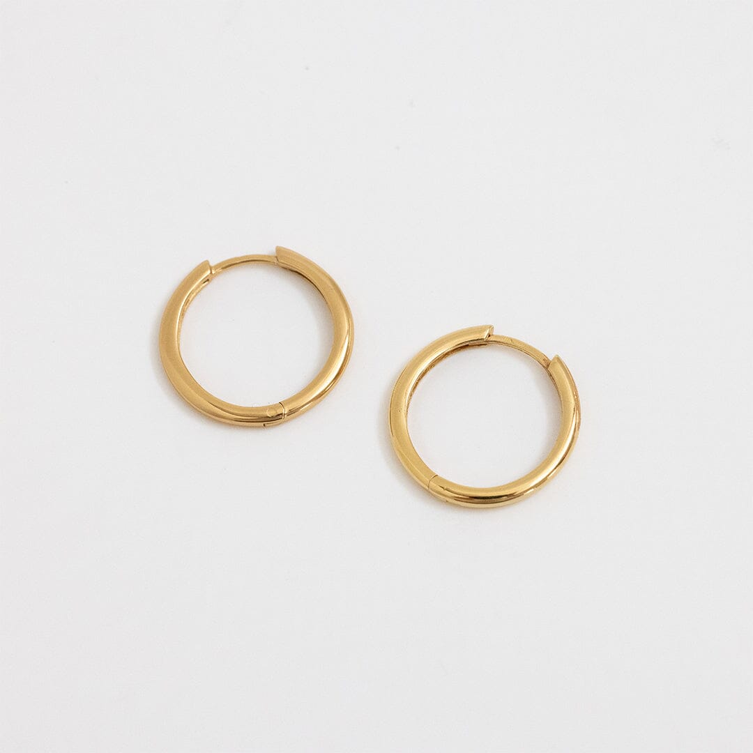 A pair of gold hoop earrings on a white background
