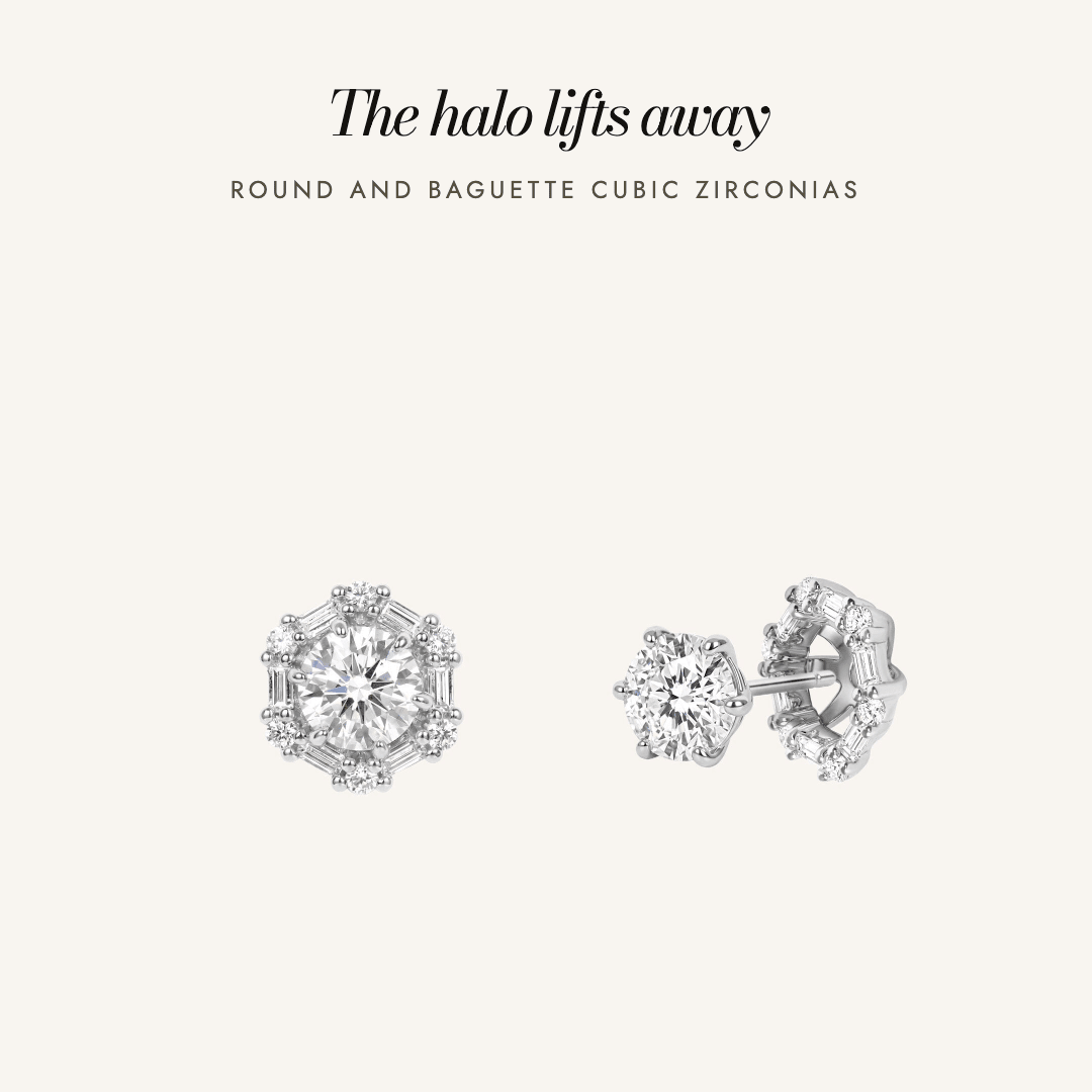 Delilah Halo Studs in silver — the halo lifts away, round and baguette cubic zirconias