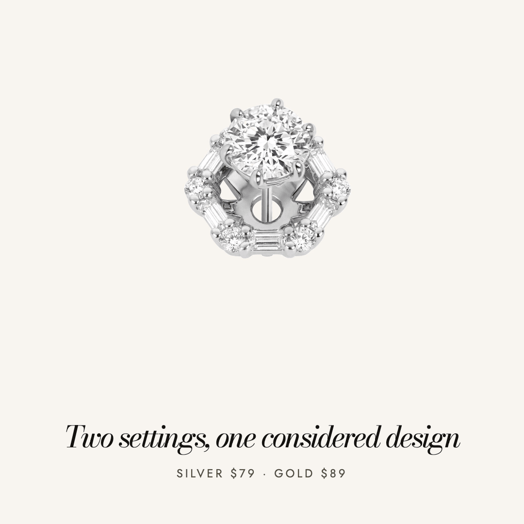 Delilah Halo Studs in silver — two settings, one considered design. Silver $79, gold $89