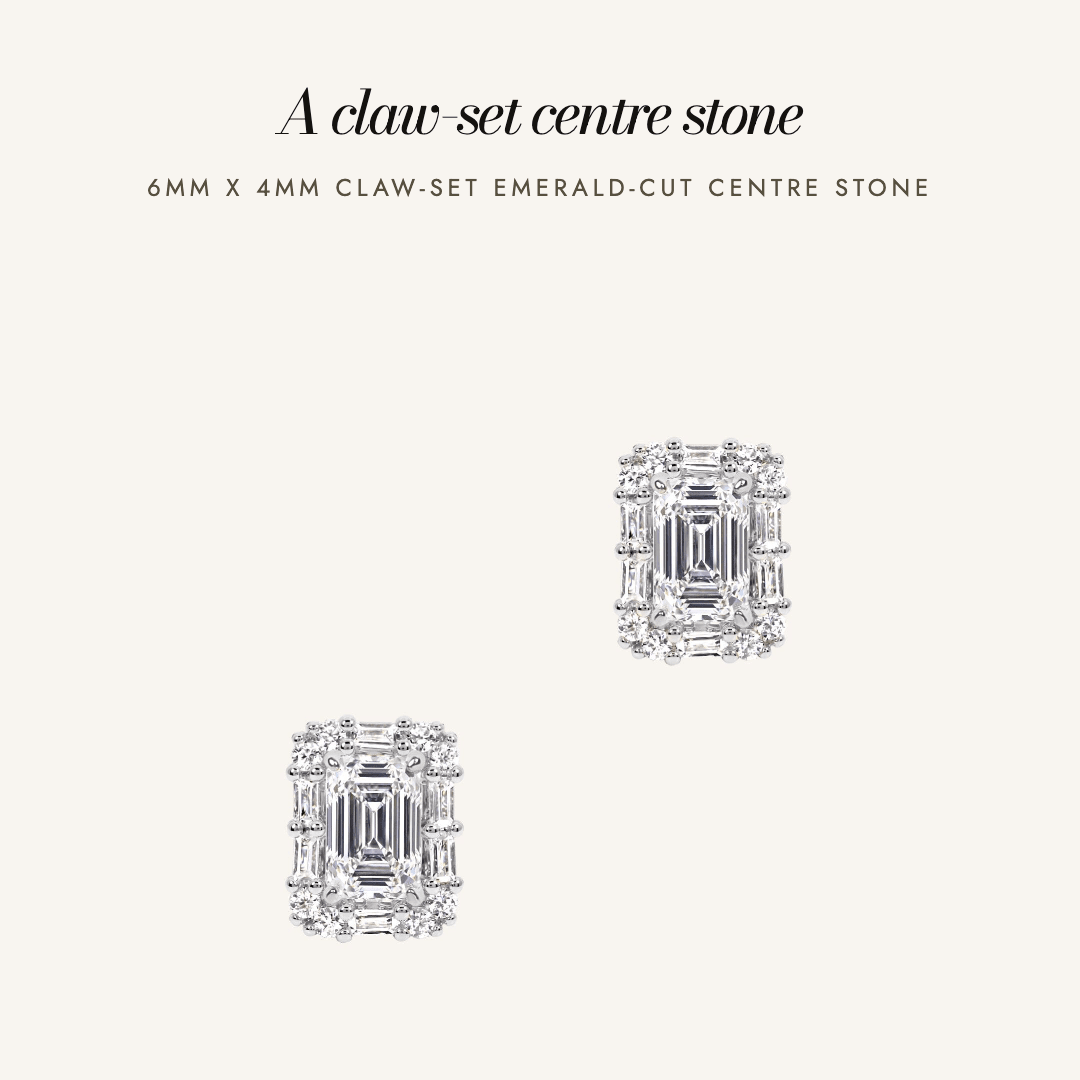 Florence Halo Studs in silver — a 6mm x 4mm claw-set emerald-cut centre stone