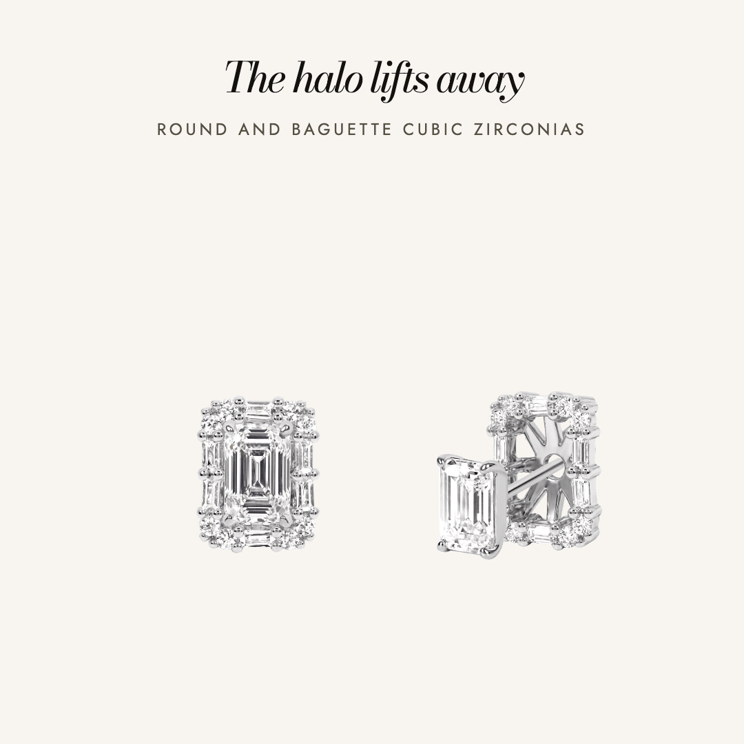 Florence Halo Studs in silver — the halo lifts away, round and baguette cubic zirconias
