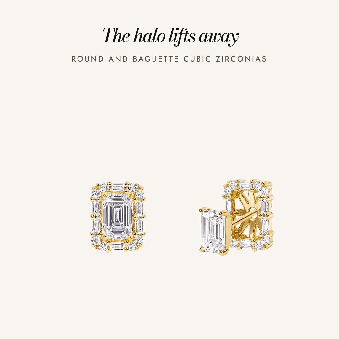 Florence Halo Studs in gold — the halo lifts away, round and baguette cubic zirconias