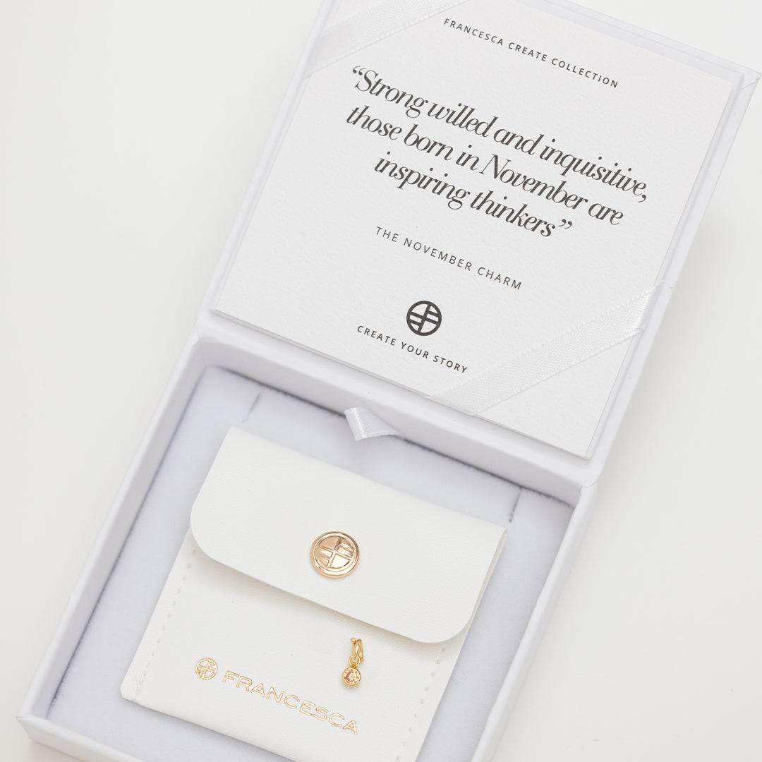 A round gold birthstone charm with a citrine cubic zirconia, symbolising the November birth month, displayed in a box