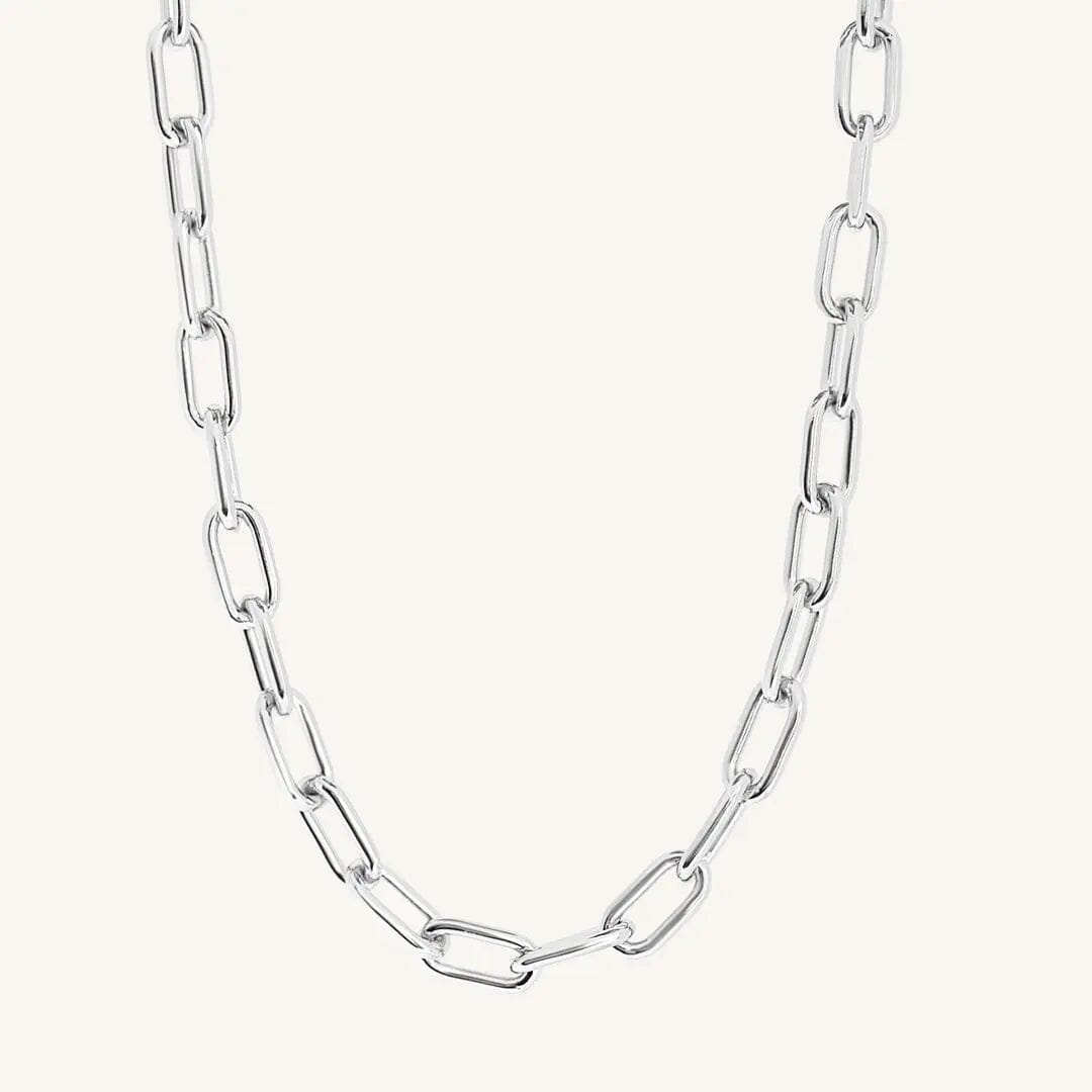 A chunky link chain necklace in silver tone.