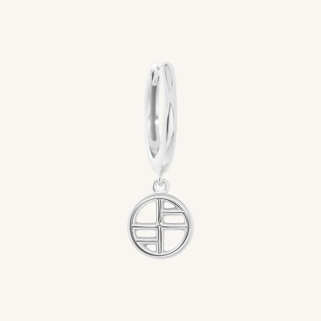 A silver-tone drop earring with the francesca logo