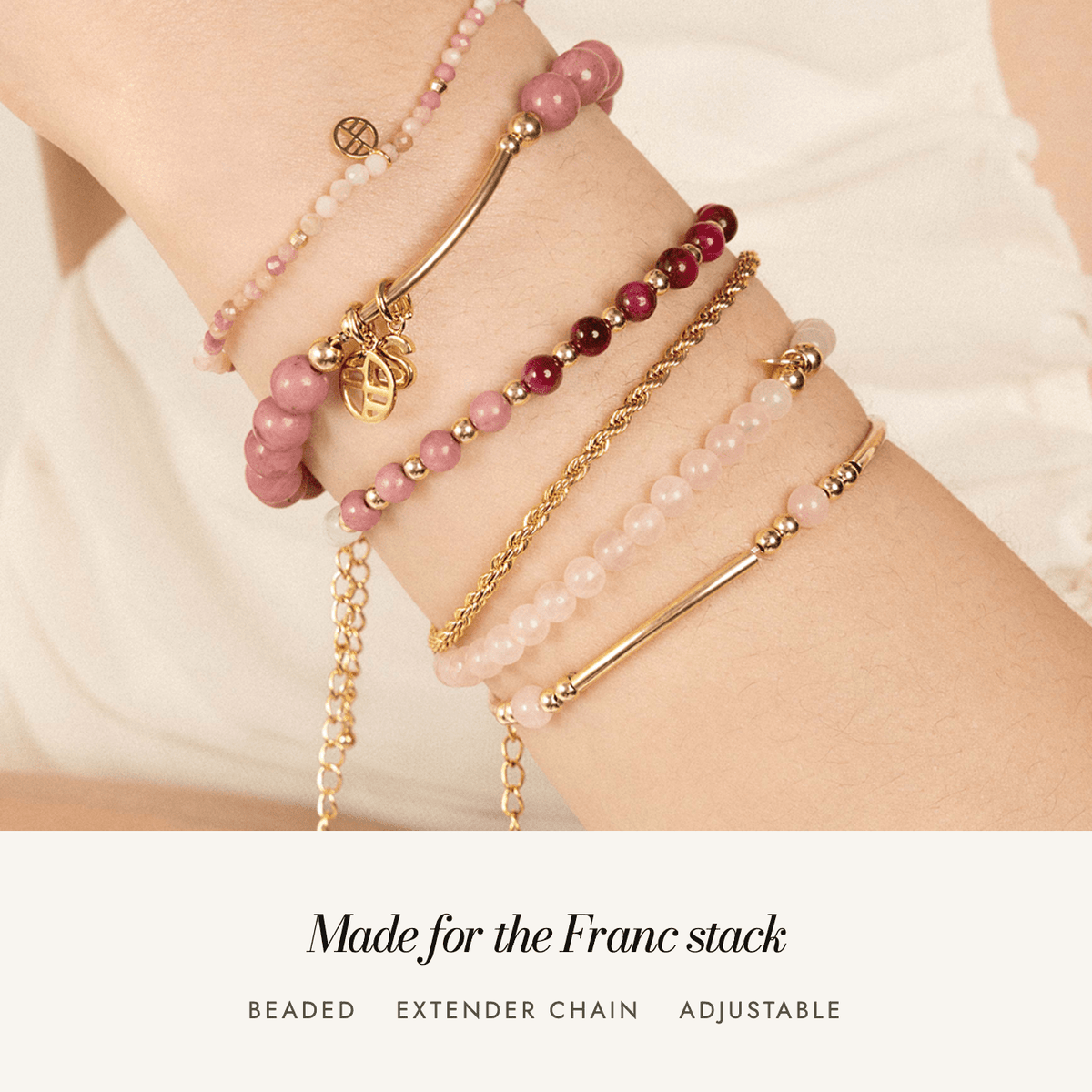 Rhodonite Ombre Bracelet worn: made for the Franc stack, beaded with an adjustable extender chain