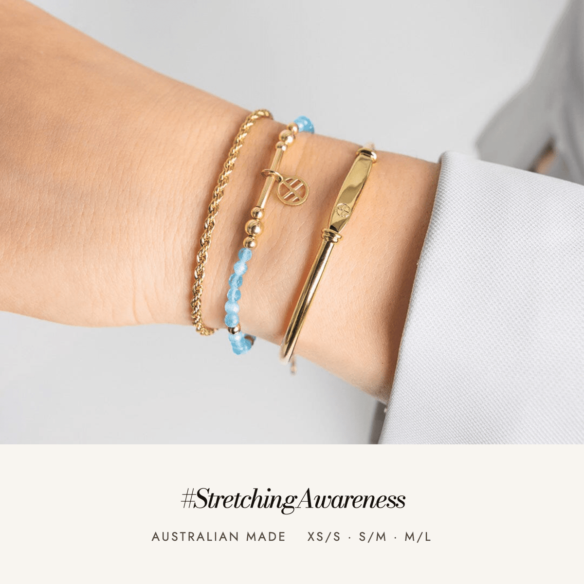 Breakthrough T1D Awareness Bracelet worn: #StretchingAwareness, Australian made, sizes XS/S to M/L