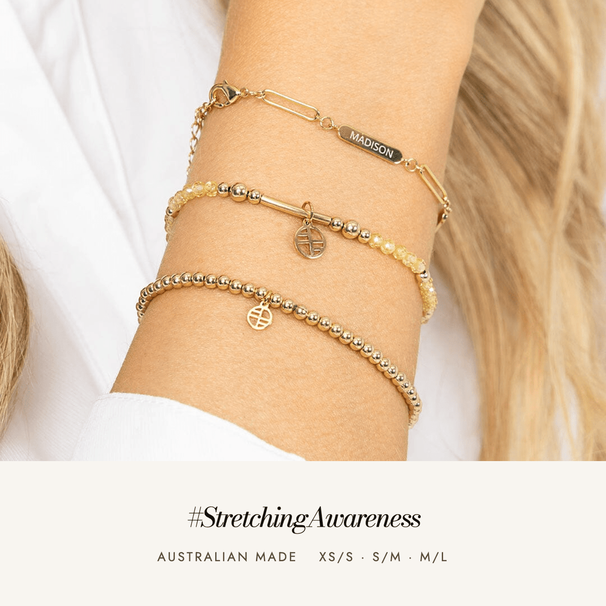 Endometriosis Australia Awareness Bracelet worn: #StretchingAwareness, Australian made, sizes XS/S to M/L