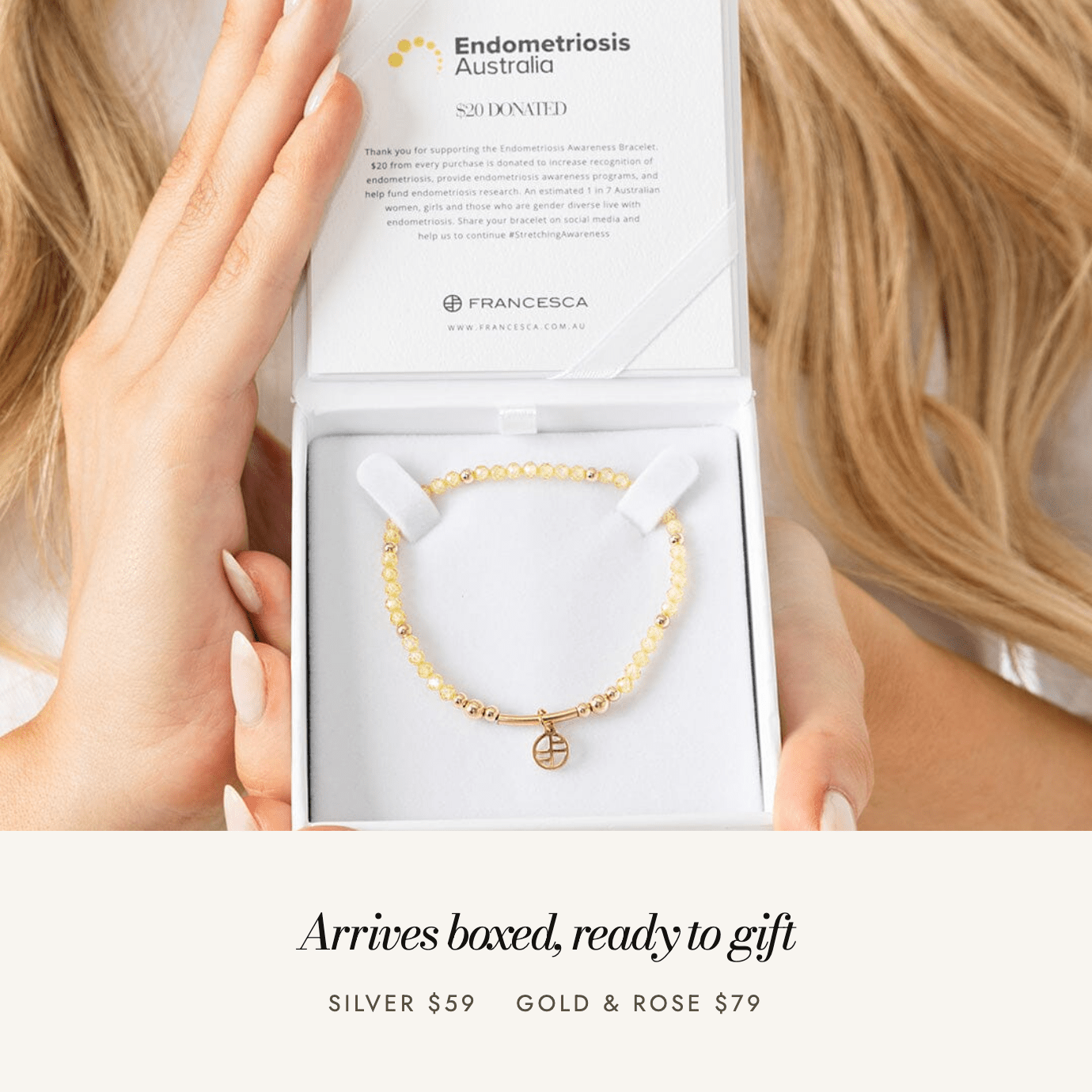 Endometriosis Australia Awareness Bracelet: arrives boxed, ready to gift
