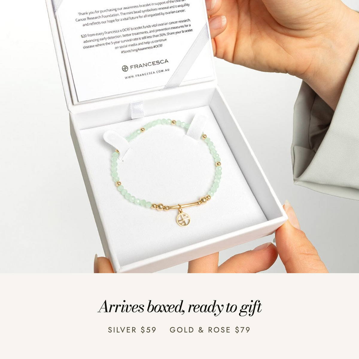 OCRF Awareness Bracelet: arrives boxed, ready to gift