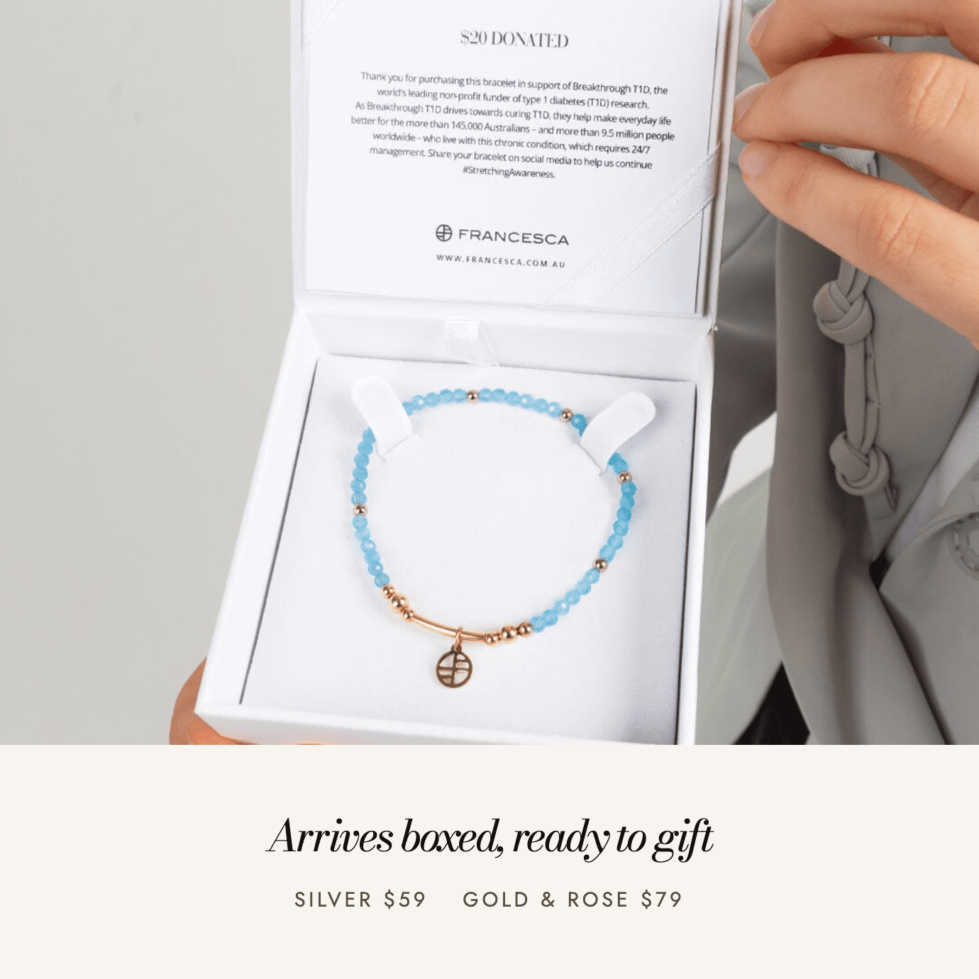 Breakthrough T1D Awareness Bracelet: arrives boxed, ready to gift