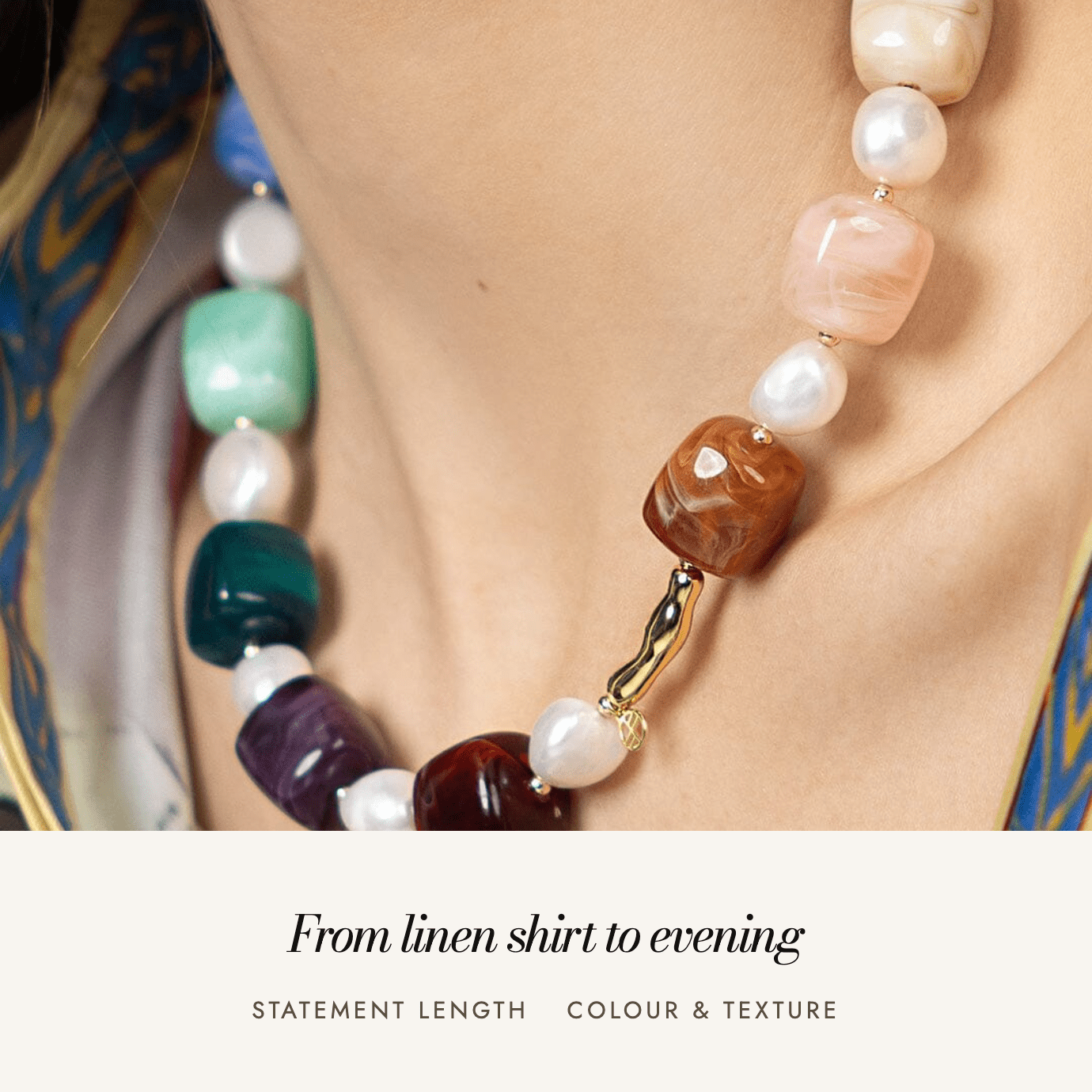 Amalfi Necklace worn: from linen shirt to evening