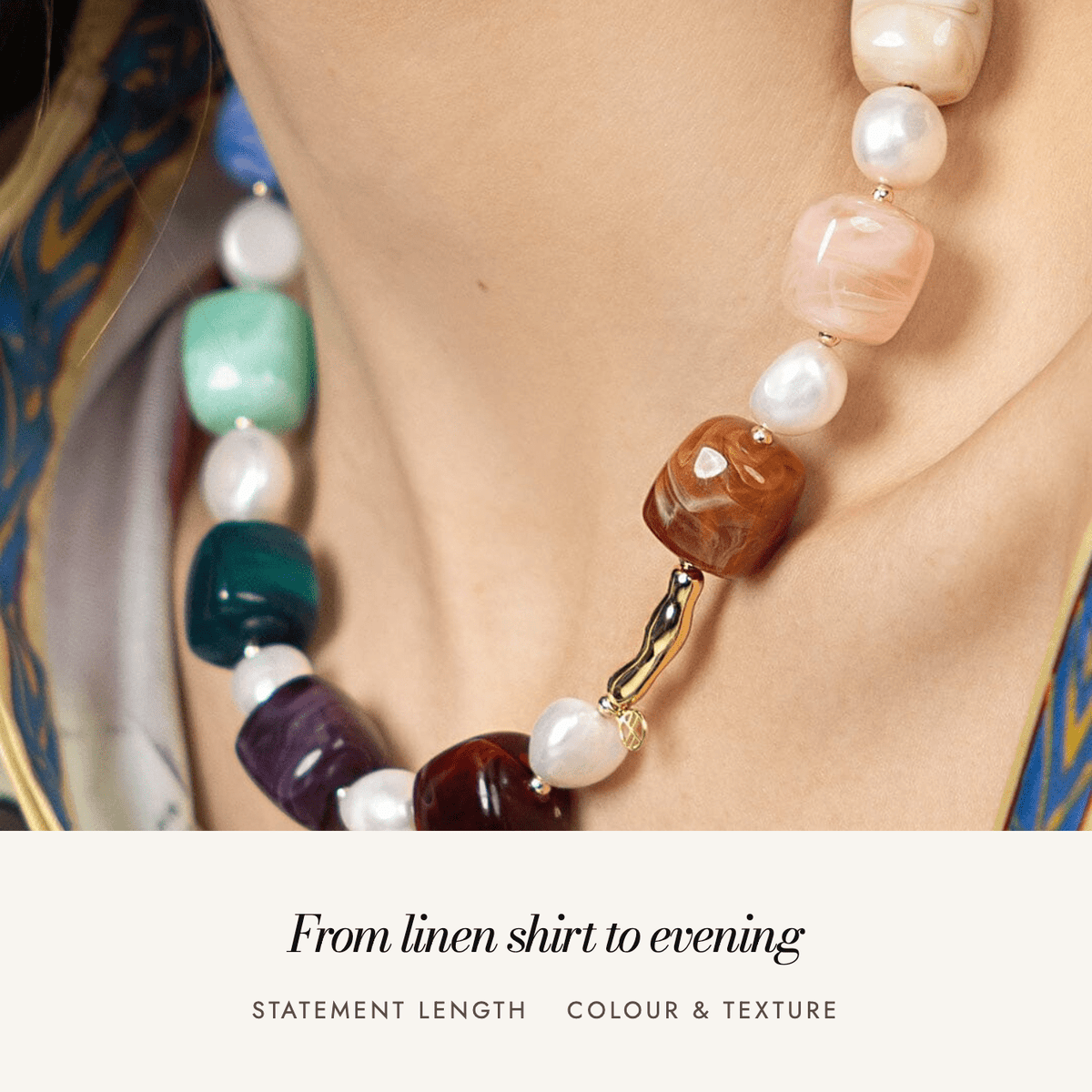 Amalfi Necklace worn: from linen shirt to evening
