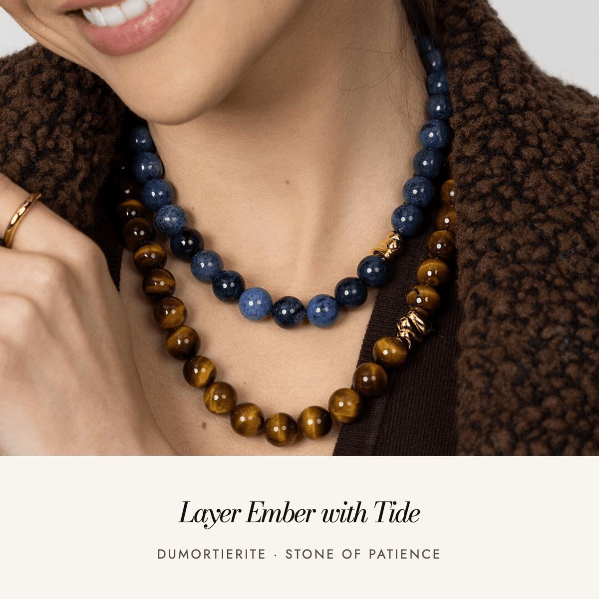Terra Necklace Ember layered with Terra Tide, Dumortierite the Stone of Patience