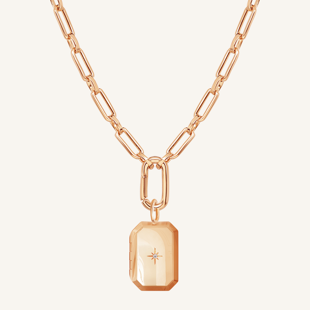 Rose Bevel Locket on link chain on white background