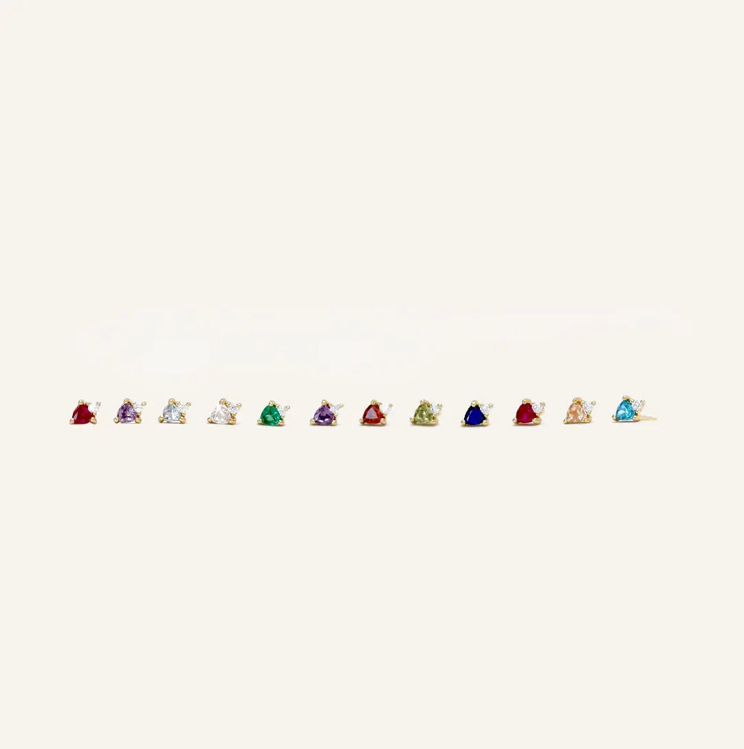 All birthstone studs displayed lined up from January to December on white background
