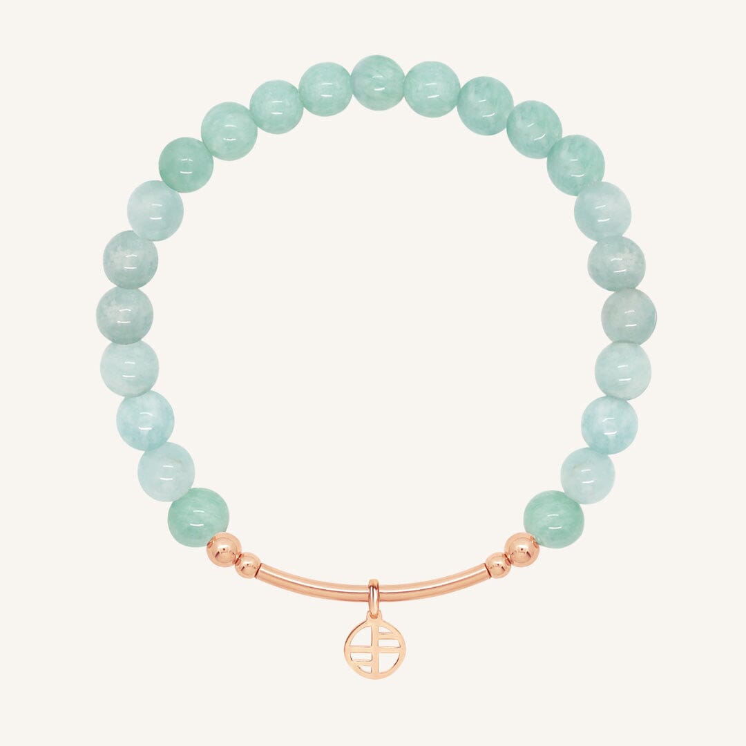 Amazonite beaded bracelet with a rose gold clasp on a white background