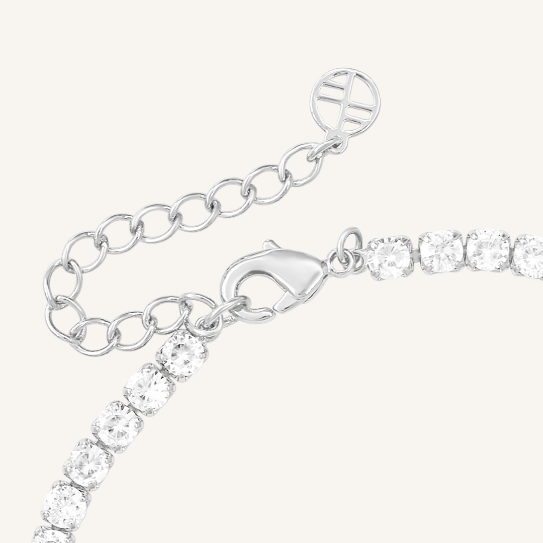 Close up of clasp on silver Anna Tennis Bracelet 