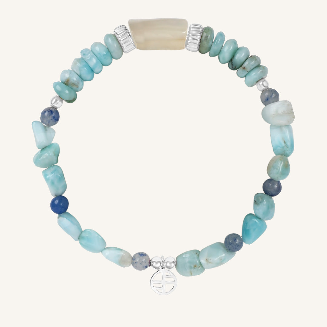 Beaded bracelet with blue and green stones on a white background