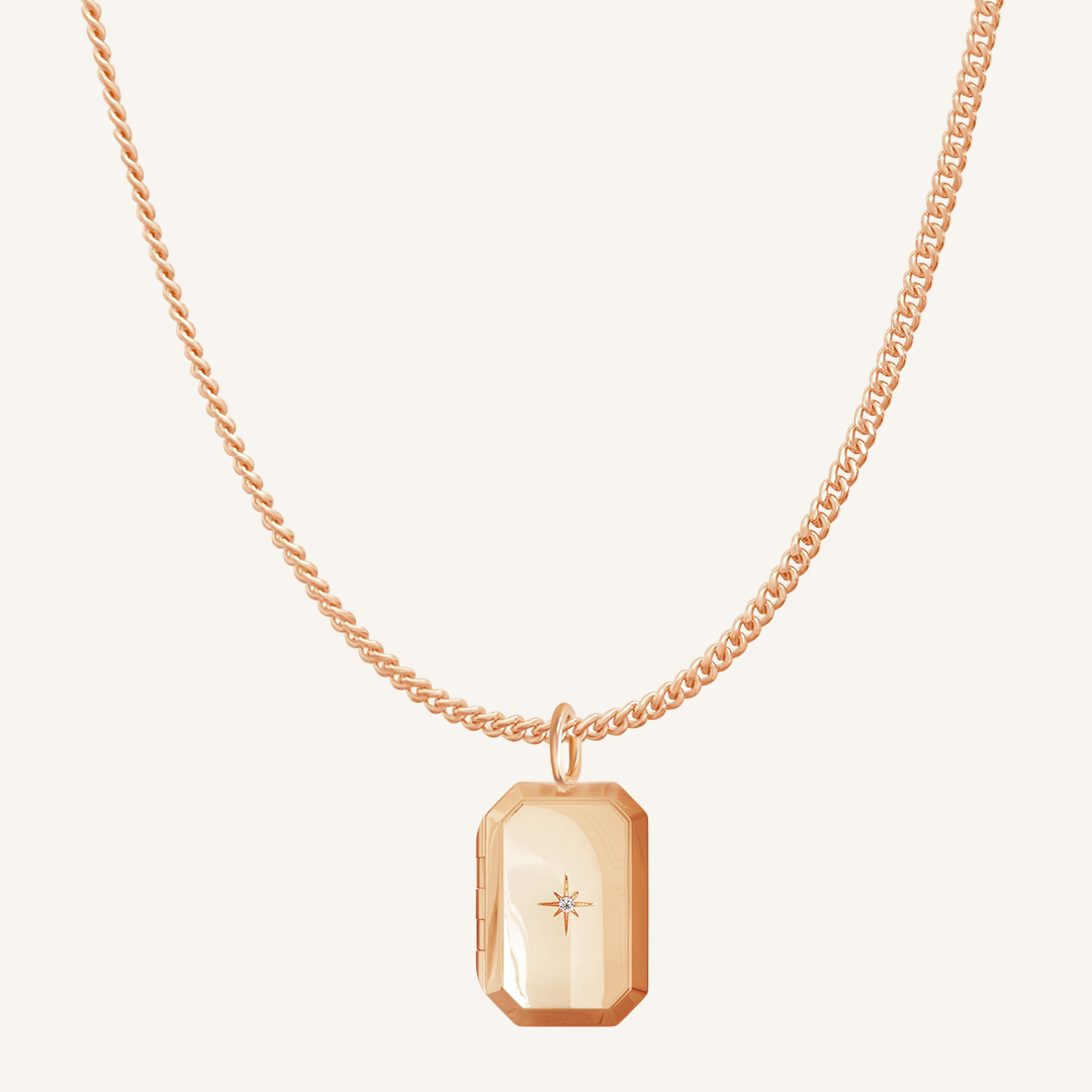 Rose Bevel Locket on curb chain on white background