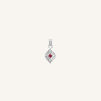 A silver birthstone charm with a ruby cubic zirconia representing the month of July.