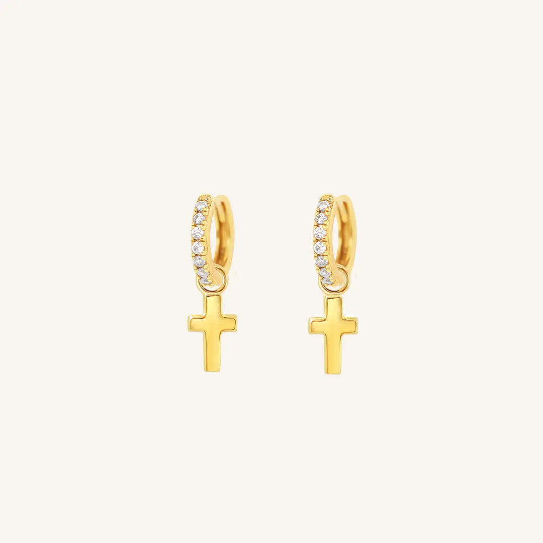 The  GOLD-Darcy  Cross Crystal Hoops by  Francesca Jewellery from the Earrings Collection.