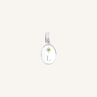 Silver pendant with a yellow gemstone and letter 'L' on a white background