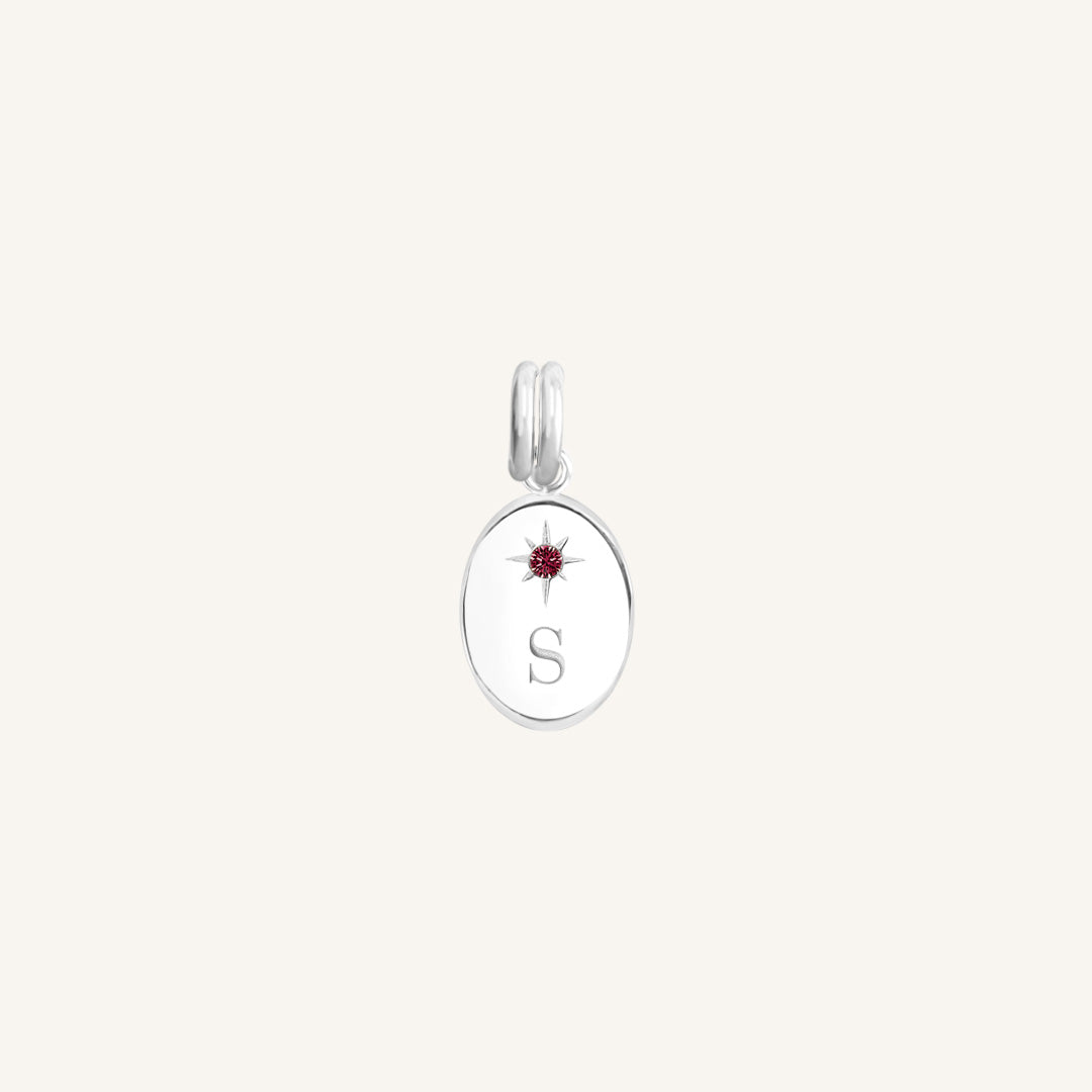 Silver pendant with a red gemstone and letter 'S' on a white background