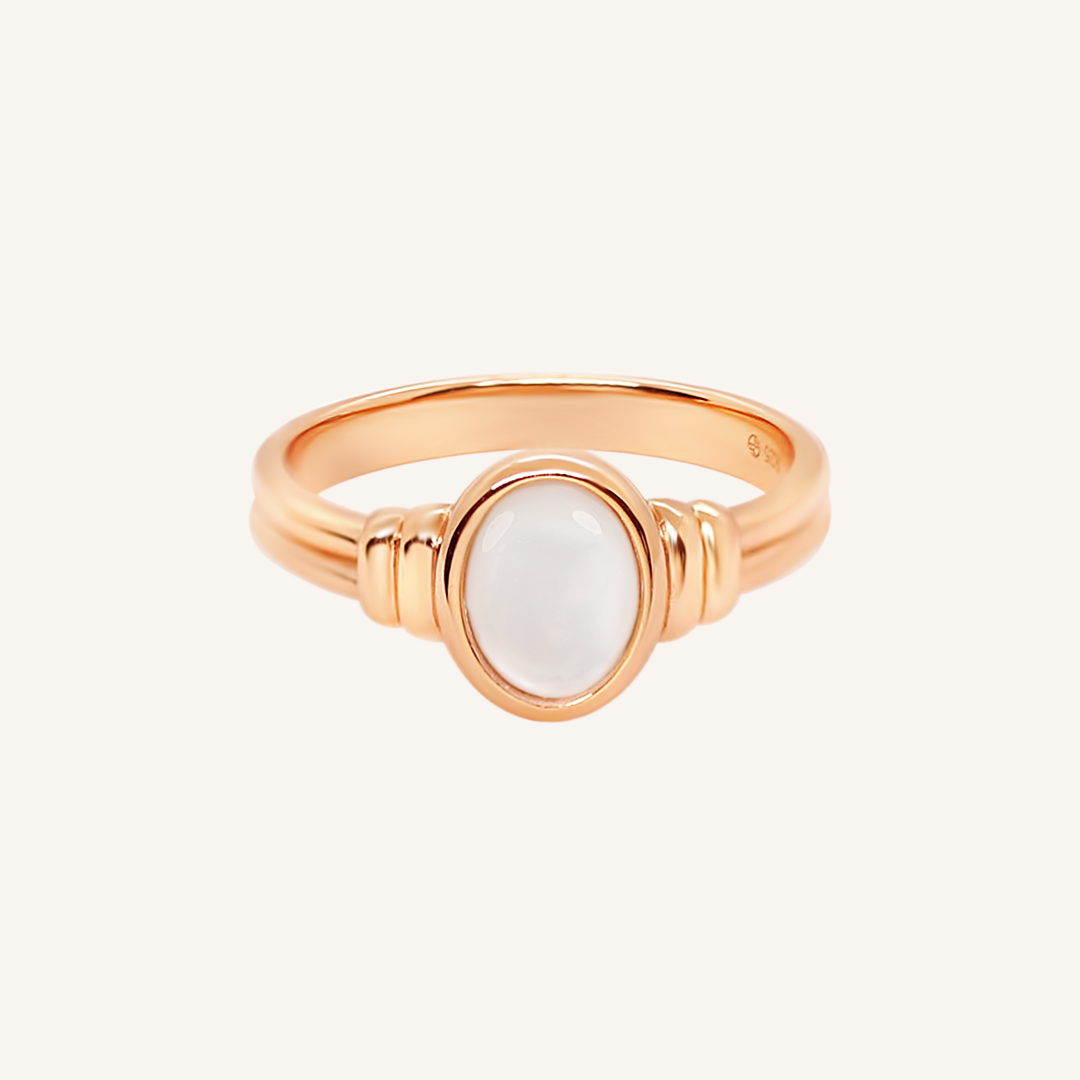 Rose Gold ring with a Mother of Pearl stone on a white background