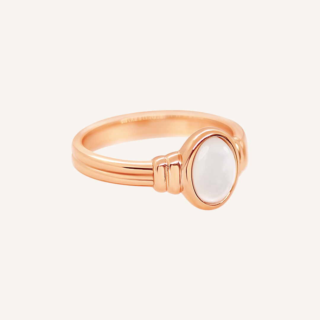 Rose Gold ring with a Mother of Pearl stone on a white background