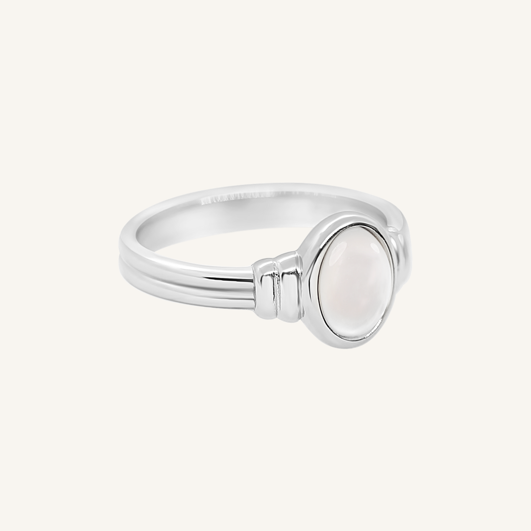 Silver ring with a Mother of Pearl stone on a white background