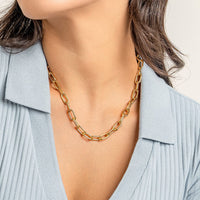 A chunky link chain necklace in silver tone.